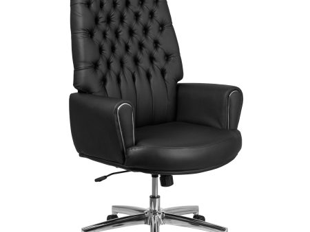 High Back Traditional Tufted Black LeatherSoft Executive Swivel Office Chair with Silver Welt Arms - BT-444-BK-GG For Sale